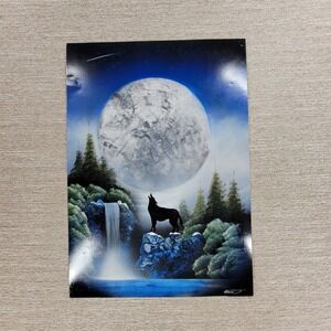 Signed Ret Wolf Spray Paint Art Moon Waterfall Fantasy Acrylic Landscape